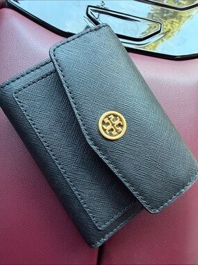Tory Burch Black Saffiano Leather Compact Wallet with Gold Logo Medallion